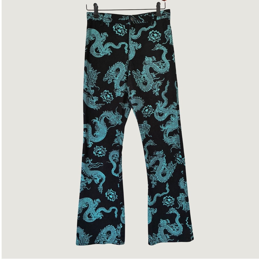 Motel Rocks Black Teal Dragon Print Flare Pants Festival Grunge High Rise Small